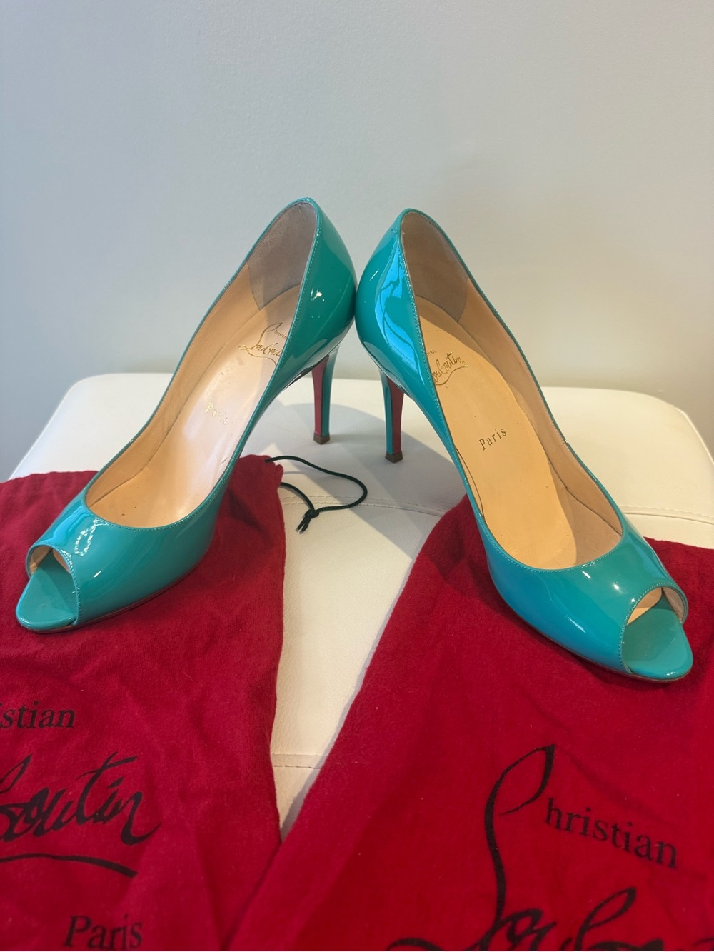 Christian Louboutin Turquoise Patent Peep-Toe Pumps